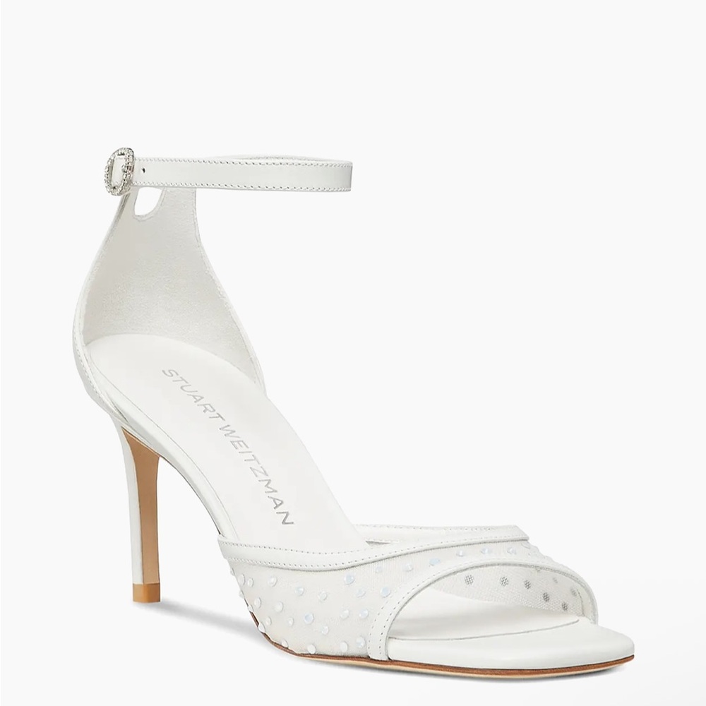 STUART WEITZMAN NUDISTIA 75MM MESH LEATHER CRYSTAL HIGH HEEL SANDALS WHITE 7